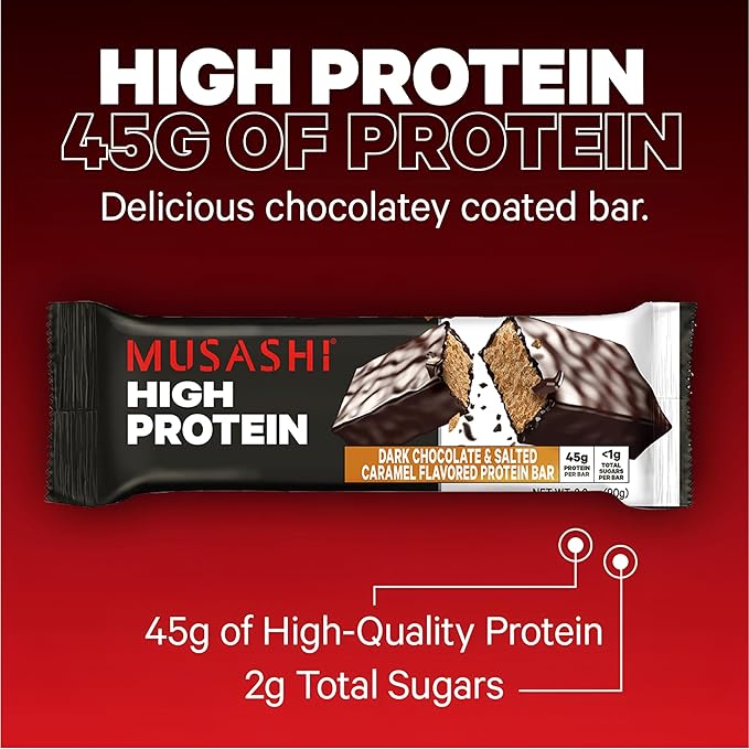 MUSASHI High Protein Bar, 45g Protein, <1g Total Sugars, Dark Chocolate & Salted Caramel, Post