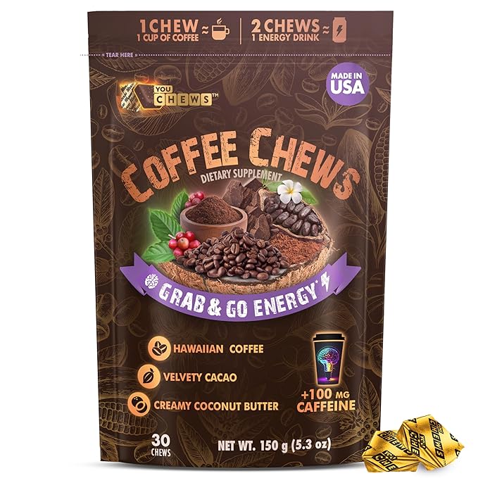 YouChews Coffee Chews - Grab & Go Energy with 100mg per Chew of Clean, Green Caffeine. With Real