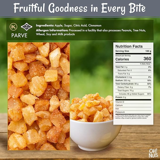 Oh! Nuts Dried Cinnamon Apple - 1 LB - Sweetened Dried Fruit Diced - Dehydrated Fruit Bites
