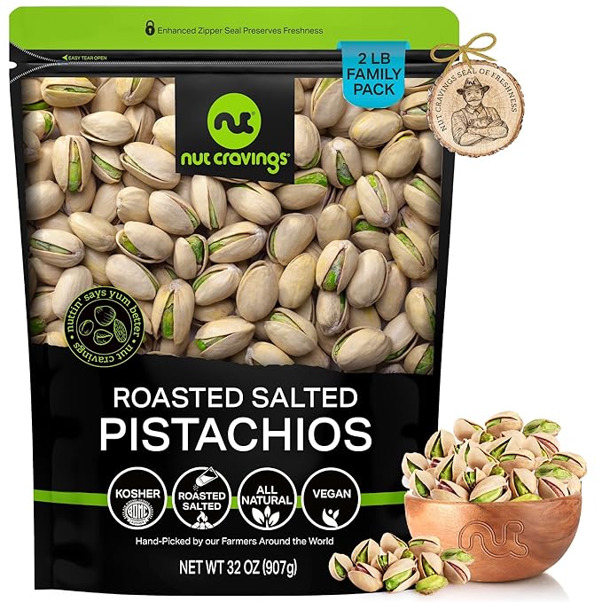 NUT CRAVINGS - Freshly Roasted & Salted California Pistachios (32oz - 2 LB) Packed Fresh in