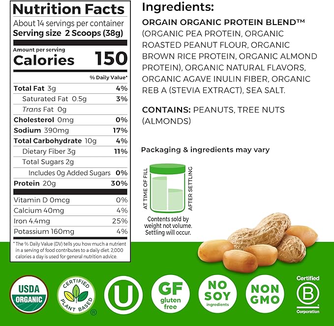 Orgain X Justin's ì§?Organic Vegan Nut Butter Protein Powder, Peanut Butter- 20g Plant Protein, 2g