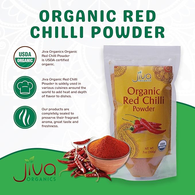 Jiva Organics Organic Red Chili Powder 7 ounce Bag - Extra Hot, Ground Indian Chillies, 100%