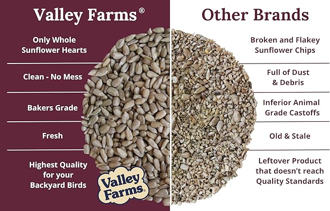 Valley Farms Whole Sunflower Hearts for Birds, Girasol Kernels Wild Bird Food, No Mess Wild Bird