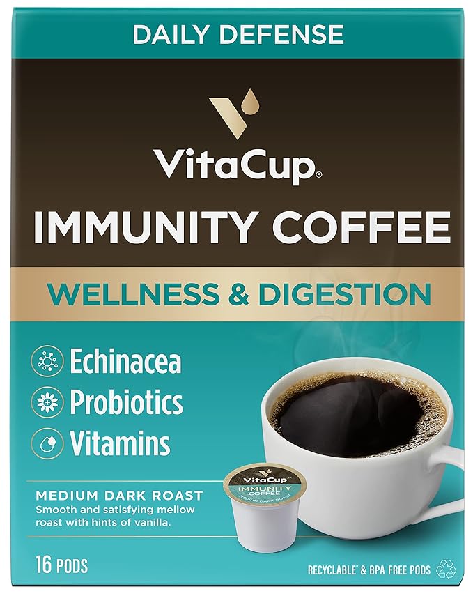 VitaCup Immunity Coffee Pods, Wellness Boost with Antioxidants, Echinacea, Probiotics, Vitamin C &