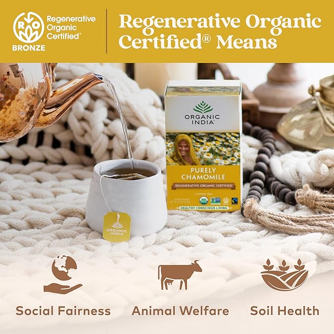 Organic India Purely Chamomile Tea- Regenerative Organic Chamomile Flowers, Caffeine Free, Calming