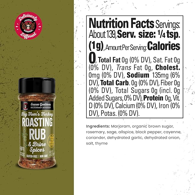 Sauce Goddess Big Tom's Turkey Roasting Rub and Brine Spices - Gluten-Free, Seasonings and Spices