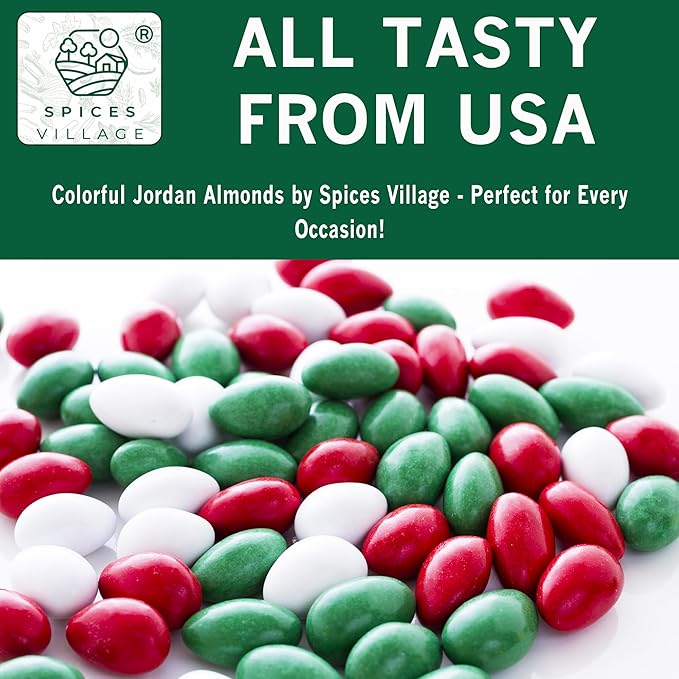 Spices Village Christmas Jordan Almonds, Red, Green, and White Candy-Coated Almonds, Ideal for