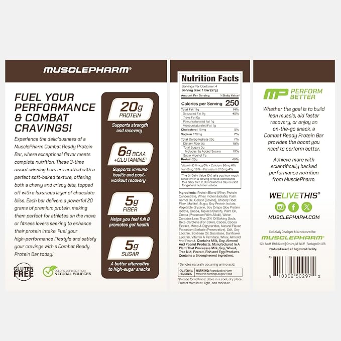 MusclePharm Combat Ready Chocolate Cake Protein Bars, High Protein Bars, Combat Cravings, Fuel