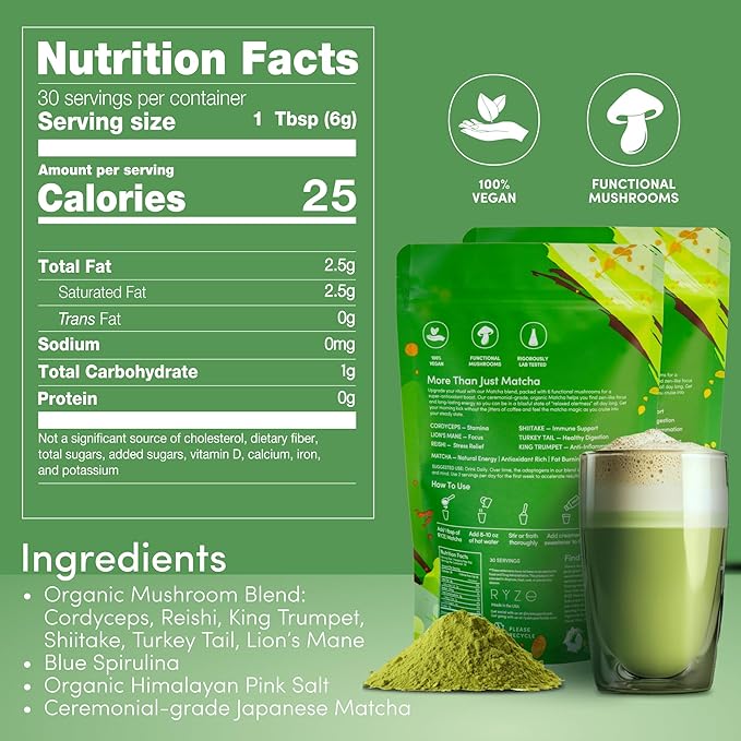 RYZE SUPERFOODS Mushroom Matcha Starter Kit, USDA Organic with 6 Adaptogenic Mushrooms and