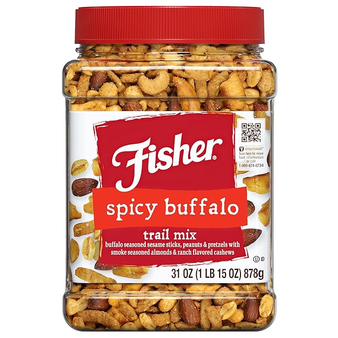 Fisher Spicy Buffalo Bulk Trail Mix, 31 oz Jar; Buffalo Seasoned Sesame Sticks, Peanuts & Pretzels