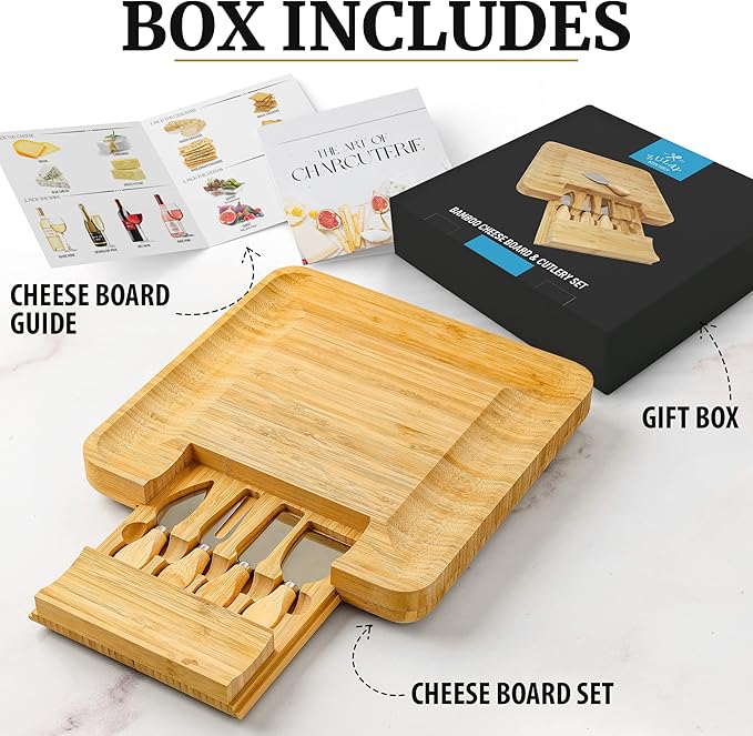 Zulay Kitchen Premium Bamboo Cheese Board Set - Extra Thick Bamboo Charcuterie Board Set with 4