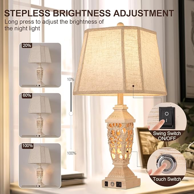 AIDENOEY Farmhouses Table Lamp with USB & USB-C Charging Ports, 3-Color Dimmable & Stepless Bottom