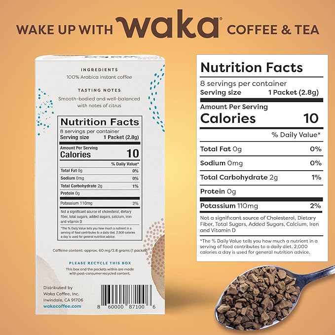 Waka Premium Instant Coffee Sachets — 100% Arabica Freeze Dried Beans — For Hot or Iced Coffee (8