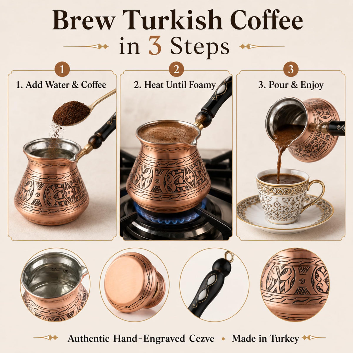 BCS 18 oz Handmade Copper Turkish Coffee Pot, Hand-Engraved Cezve & Spoon
