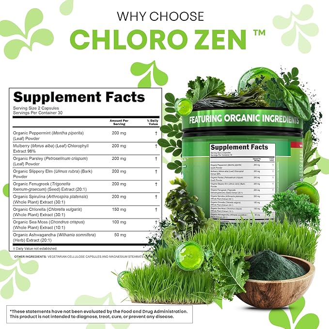 Clean Nutra Chlorophyll Peppermint Slippery Elm Spirulina Chlorella Fenugreek Ashwagandha Sea Moss