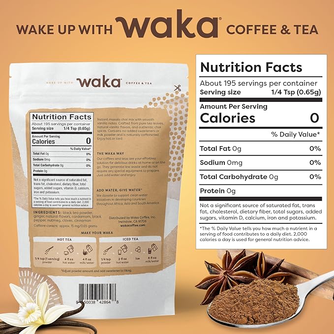 Waka Vanilla Chai Tea Mix - 100% Tea Leaves from India, Natural Spices, Unsweetened Tea Powder - No