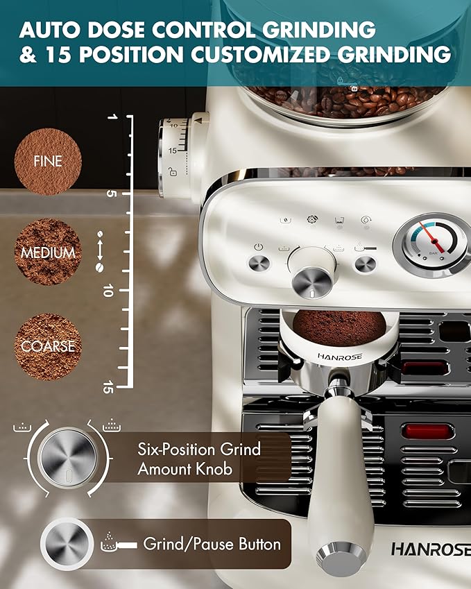 Espresso Machine With Grinder, 20 Bar Espresso Machine with Milk Frother Steam Wand, Espresso