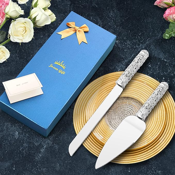 Wedding Silver Cake Knife and Server Set - 2 Pcs Dessert Set Metal Handle with Crystal Stones
