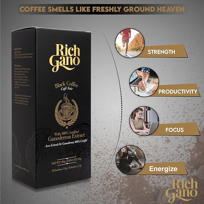 Rich Gano Reishi Mushroom Coffee – (12 Boxes of 30 Sachets) Black Coffee with Ganoderma Extract
