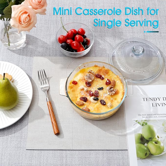NUTRIUPS Mini Glass Casserole Dish with Lid Oven Safe Covered Round Casserole Dish 6" Glass