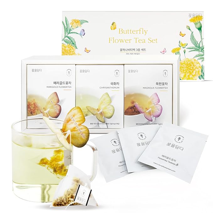 KKOKDAM Fancy Korean Tea Set Sampler – 3 Flavor Yellow Teas, Variety Pack with Butterfly Bags
