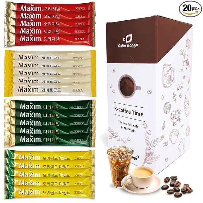 Korean Instant Coffee Mix Variety 20 Sticks (4 Types) Maxim Instant Single Serve Mocha White Decaf