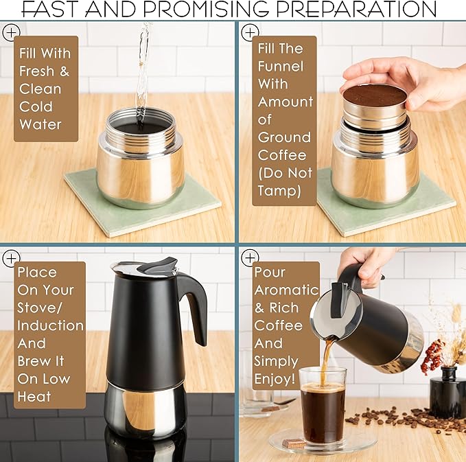 Mixpresso Black 6 Cup Greca Stovetop Espresso Pot 300ml/10oz, Moka Pot with Coffee Percolator