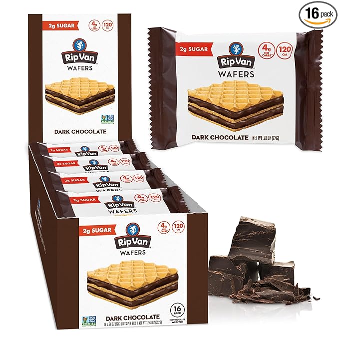 Rip Van Dark Chocolate Wafer Cookies - Healthy Snacks - Non GMO, Keto, Low Carb, Low Sugar (2g)