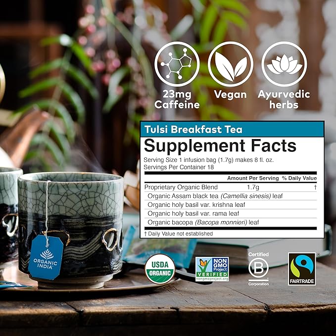 ORGANIC INDIA Tulsi Breakfast Herbal Tea - Black Tea, Holy Basil, Relieve Stress & Energize, USDA