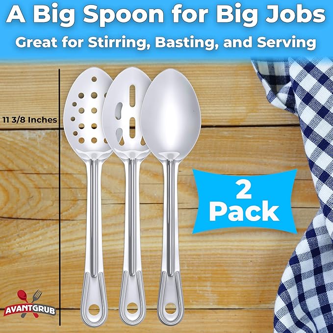 Super Strong, Ergonomic 11 in Serving Spoon 6 Pk (2 of Each Style). Big, Stainless Steel Spoons for