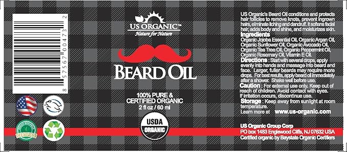 US Organic Beard Oil, 100% Pure, USDA Certified, Softens, shine, moisturizes, Amber Glass Bottle