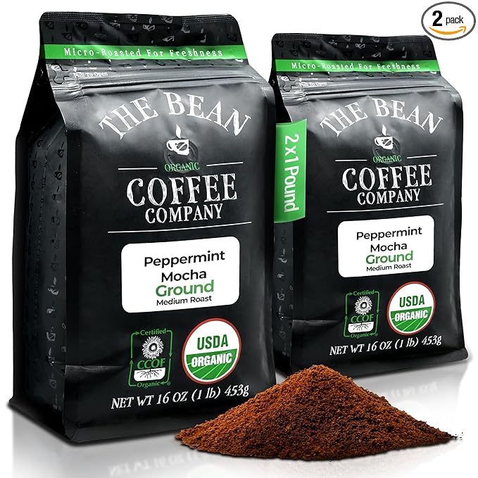 The Bean Organic Coffee Company Peppermint Mocha, Medium Roast, Ground Coffee, 16-Ounce Bags (Pack