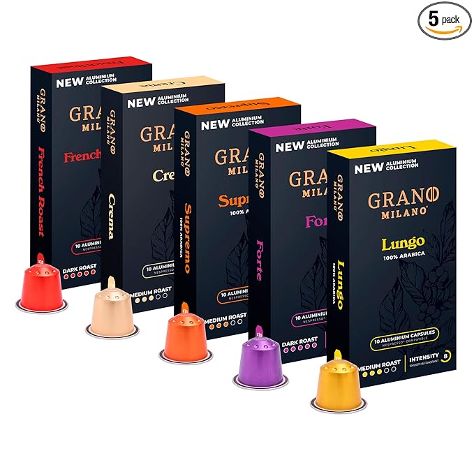 New Grano Milano Variety Pack Coffee Capsules - 50 Aluminum Coffee Pods Compatible with Nespresso