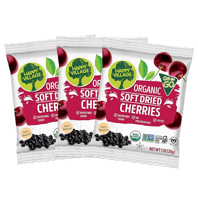 Happy Village Organic Soft Dried Cherries On the Go – 3 Bags (15 Individual Portion Packs) |