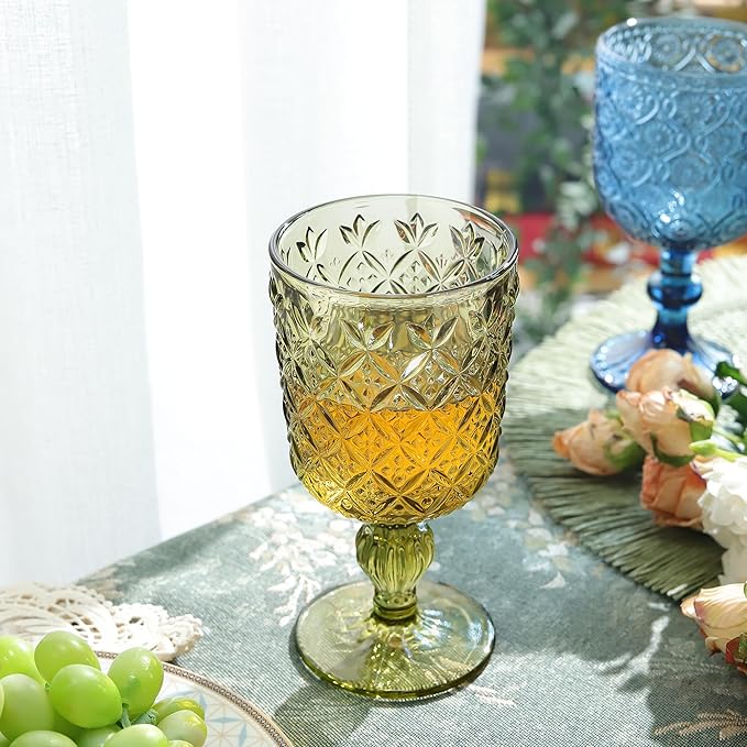 Joeyan Green Vintage Wine Glasses,Water Goblet Glasses,Stemmed Drinking Glasses with Embossed