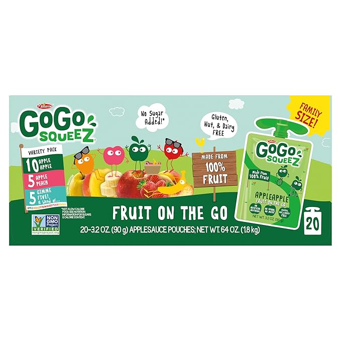 GoGo squeeZ Applesauce and Fruit Puree Variety Pack, Apple, Peach & Gimme Five!, 3.2 oz (Pack of