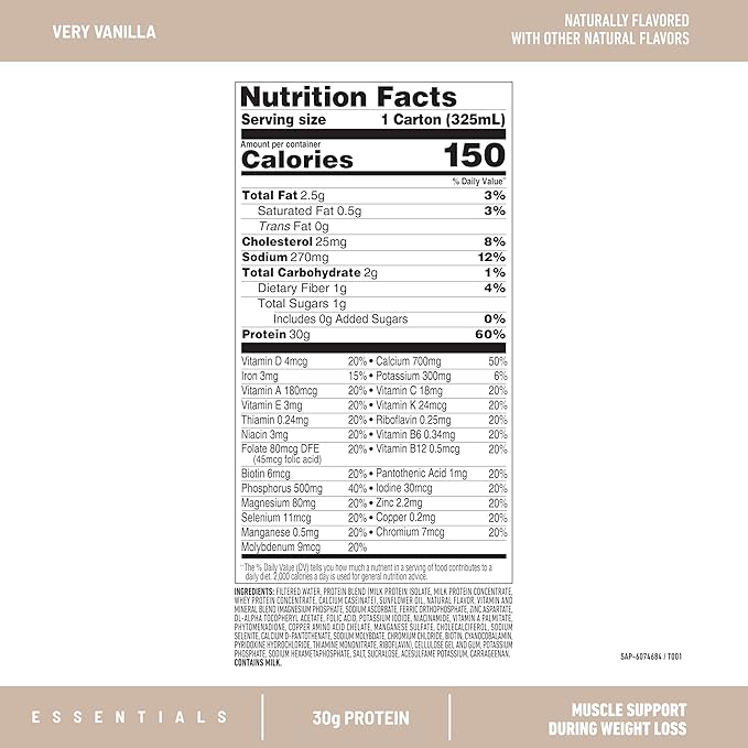SlimFast Essentials 30g Vanilla Protein Shake, Protein Shakes Ready to Drink, Muscle Support, 1g