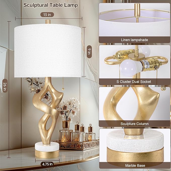 Scenekoy Sculptural Table Lamp Set of 2 with USB Ports for Bedroom Living Room, 26” Gold Leaf
