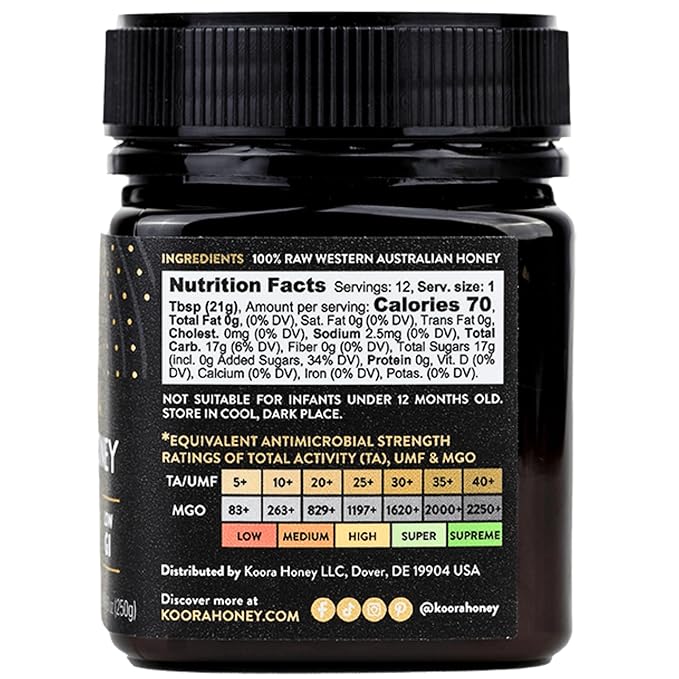 KOORA Jarrah Honey TA 35+ (MGO 2000+ Manuka Honey Rating Equiv.) Low GI, Medical Grade for Daily