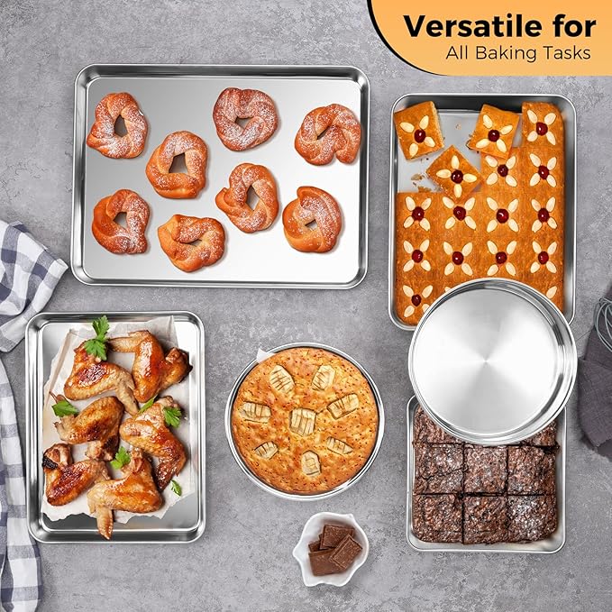 E-far Stainless Steel Baking Pan Set, 6-Piece Metal Bakeware Sets Include Cookie Sheet, Round
