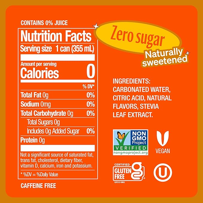 Zevia Zero Sugar Soda, Orange, 12 oz Cans (8-Pack) ??Naturally Sweetened, Non-GMO Project Verified