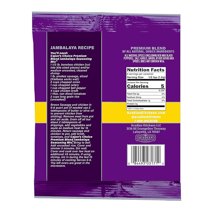 Cajun's Choice Jambalaya Seasoning Mix - 0.42 oz Packet - Pack of 2, All Natural, No MSG
