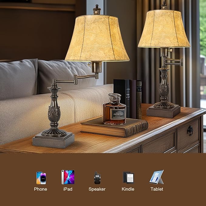 23.5" Rustic Traditional 350° Adjustable Swing Arm Table Lamp Set of 2 with USB A+C Ports Brown