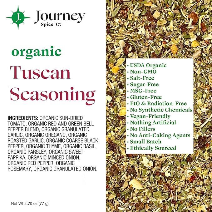 Organic Tuscan Seasoning by Journey Spice Co. | Salt-Free, Sugar-Free, Non-GMO, MSG-Free |
