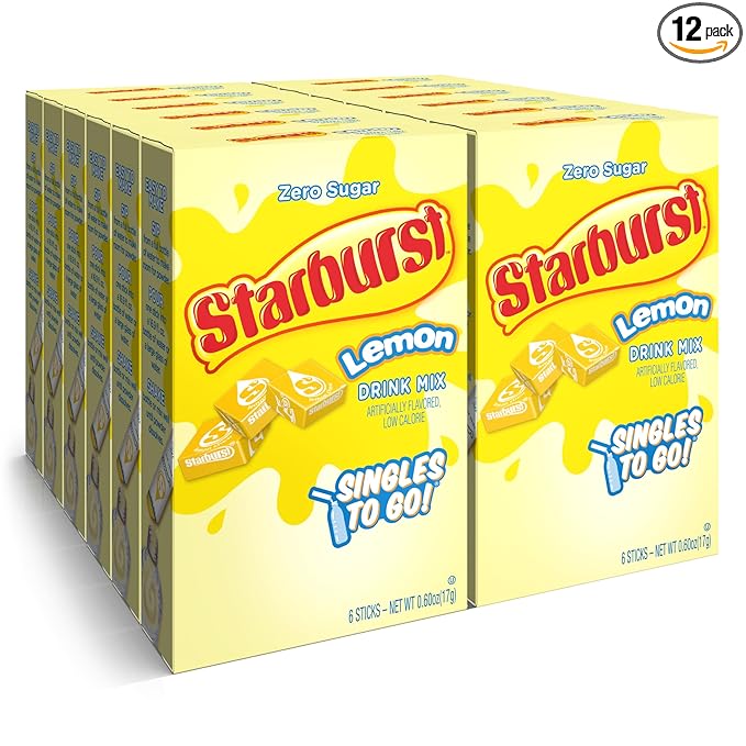 Starburst Singles To Go Powdered Drink Mix, Lemon, Sugar-Free Drink Powder, 6 count (Pack of 12)