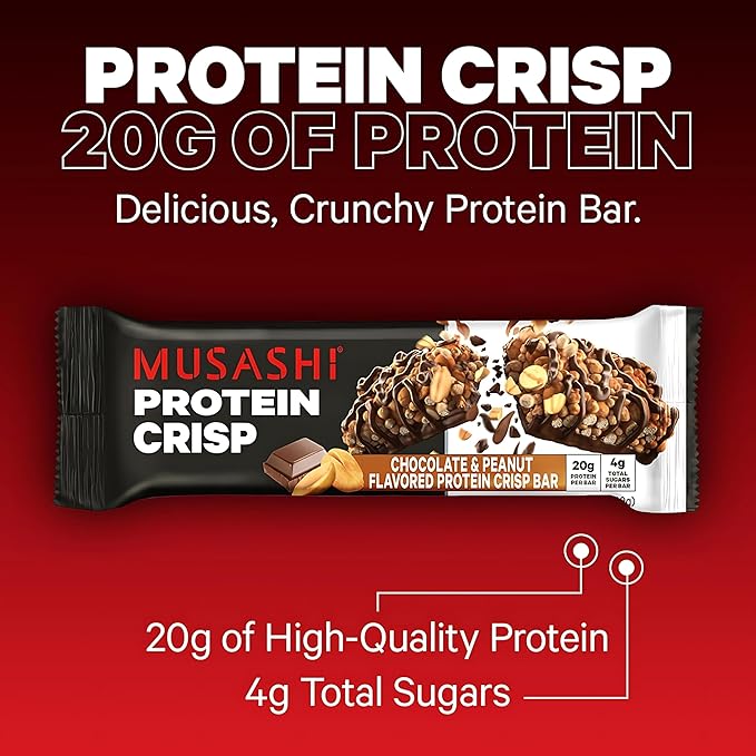 MUSASHI Protein Crisp Bar, 20g Protein, 4g Total Sugars, Chocolate & Peanut, Post Workout and Snack