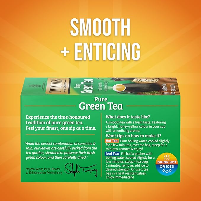Twinings Pure Green Tea Individually Wrapped Bags, 20 Count (Pack of 6), Smooth Flavour, Enticing