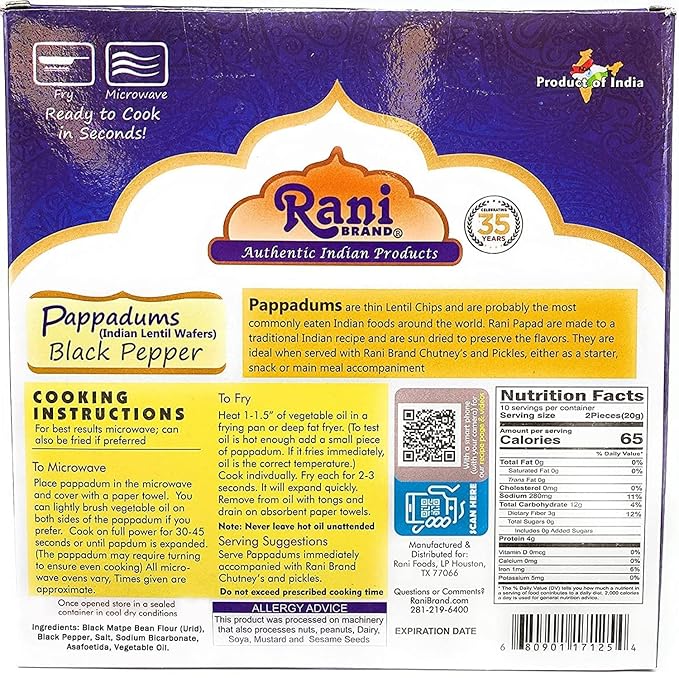 Rani Pappadums (Indian Lentil Wafer Snack) Black Pepper Papad 7oz (200g) Approximately 15pc, 7
