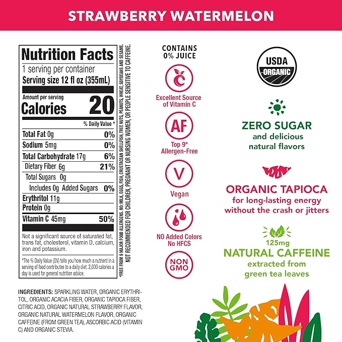 OCA ZERO Strawberry Watermelon, Organic energy drink, zero sugar, gluten-free, vegan plant-based