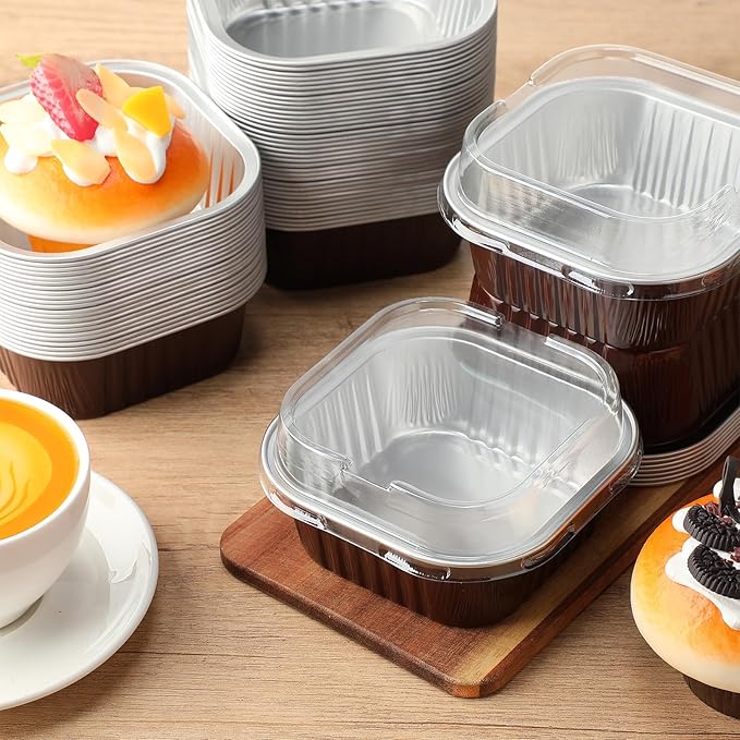 Aoriher 150 Pieces 10 oz Mini Cake Pans with Lids Aluminum Foil Baking Cups Square Disposable 4" x